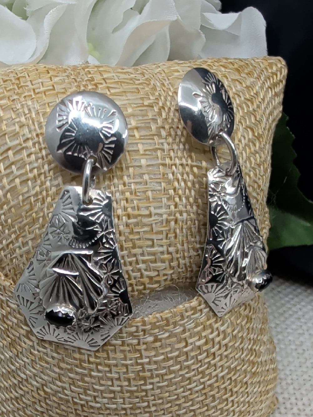Artisan Sterling Silver Hand Stamped Fan Drop Earrings Southwestern Vintage